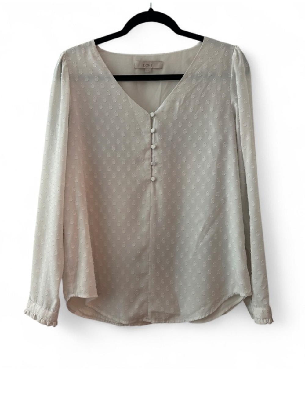 LOFT Cream Polka Dot Textured VNeck Button Front Longsleeve Blouse Coquette S